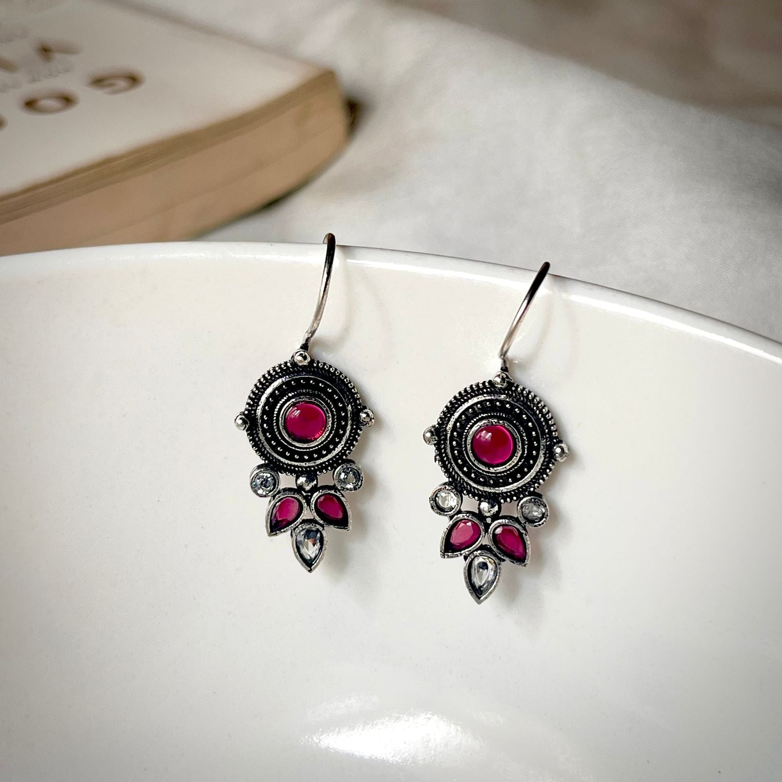Ruby Red Oxidised Earrings for Casual Festive Wear