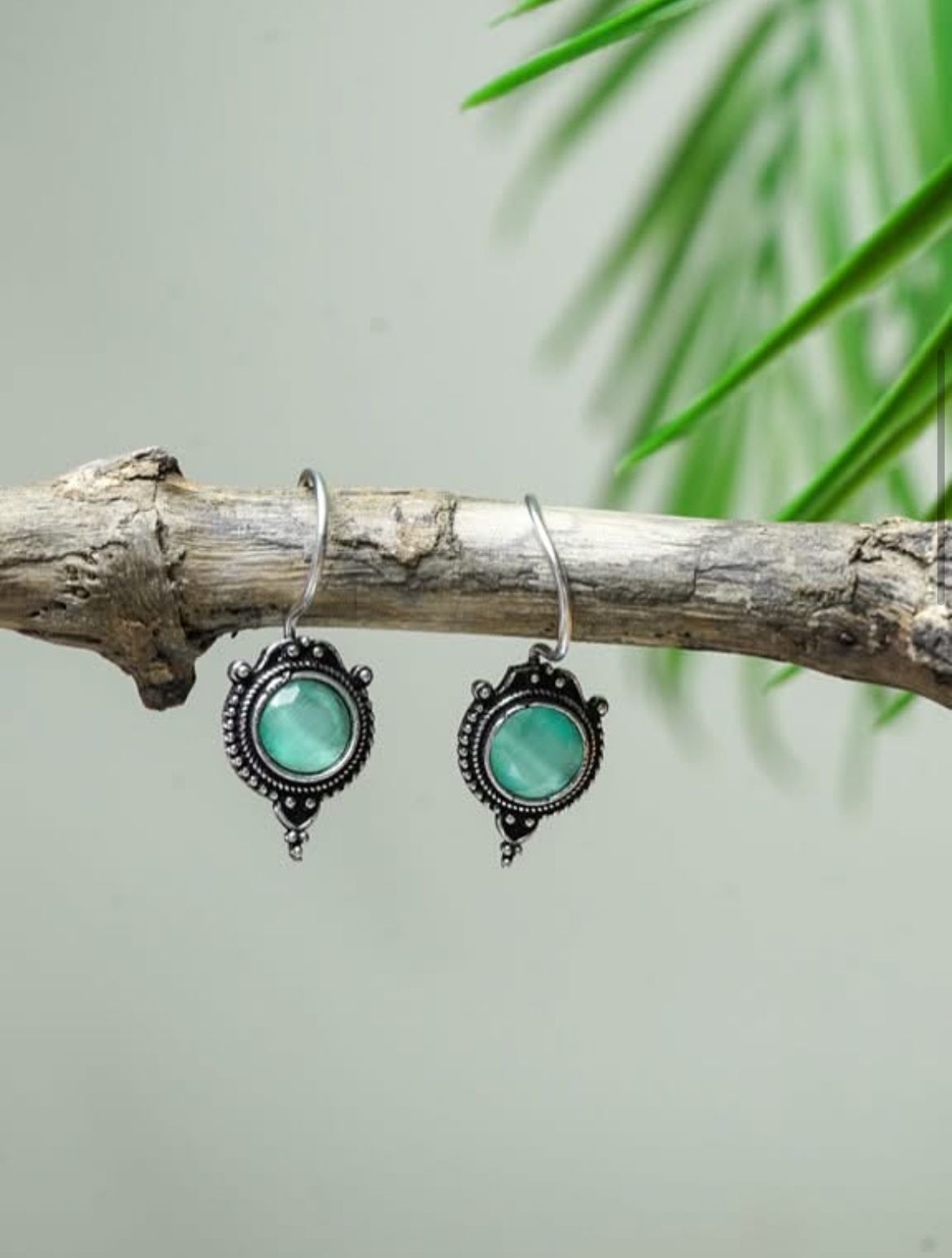 Boho Oxidized Silver Earrings with Green Glass Stone