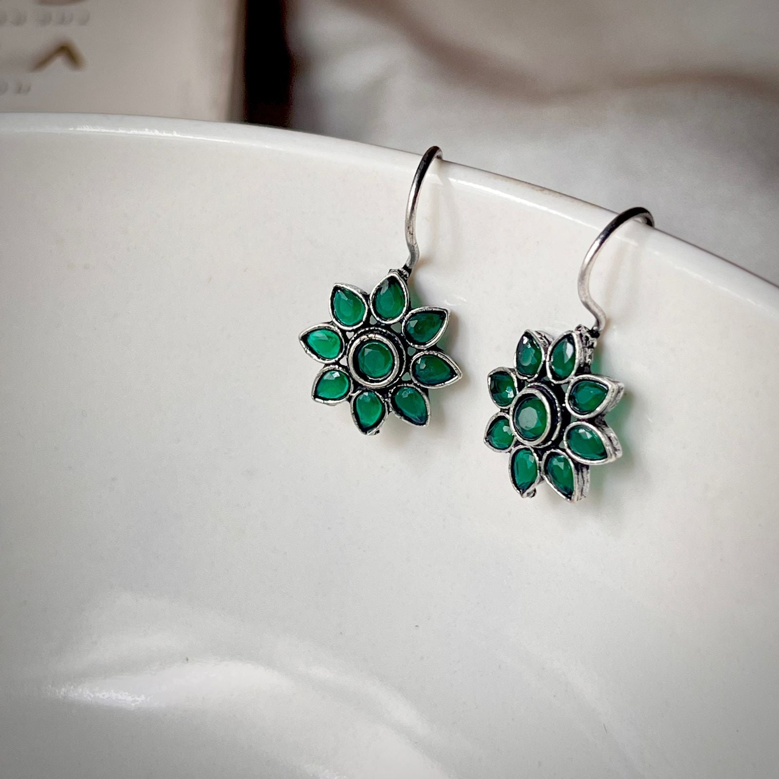 Oxidised Floral Green Drop Earrings