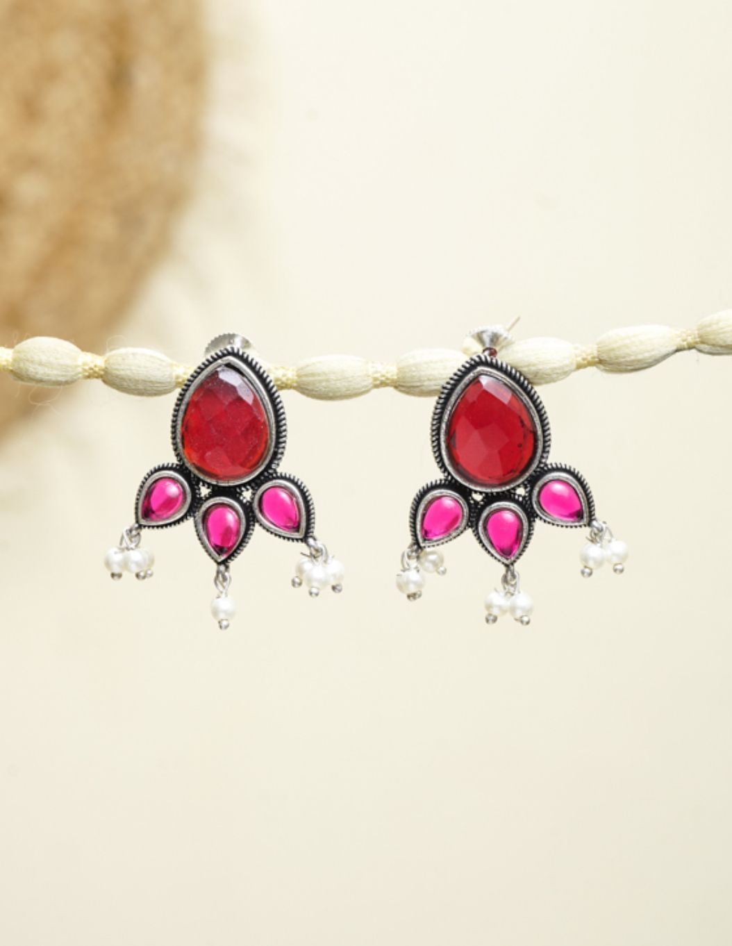 Ruby Pink Oxidised Earrings